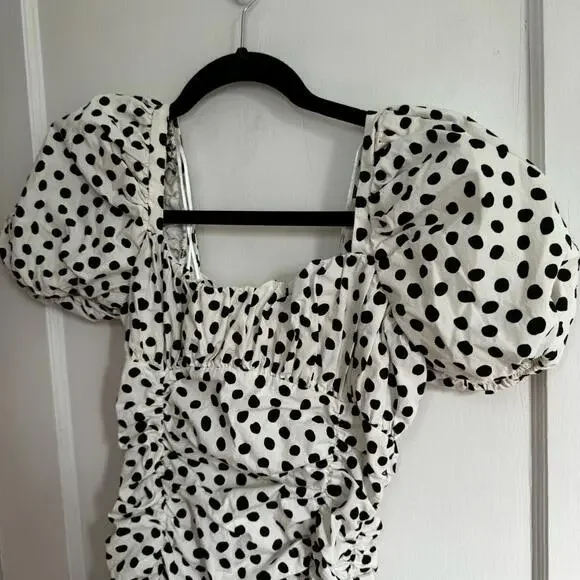Zara Polka Dot Ruched Puff Cap Sleeve Ruffle Hem Mini Dress - Picture 3 of 9